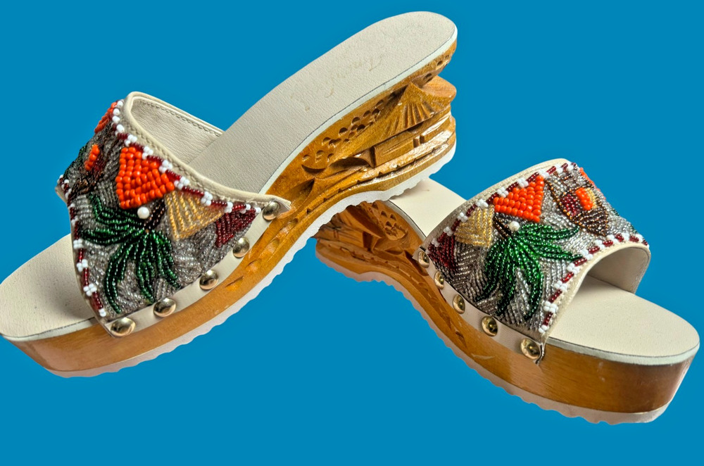 Vintage 70s Hand Carved Wood Platform Sandals Beaded Slides Asian Village Size 6